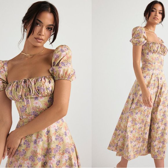 HOUSE OF CB 'Tallulah' Peony Print Puff Sleeve Midi Sundress NWOT - Picture 4 of 4